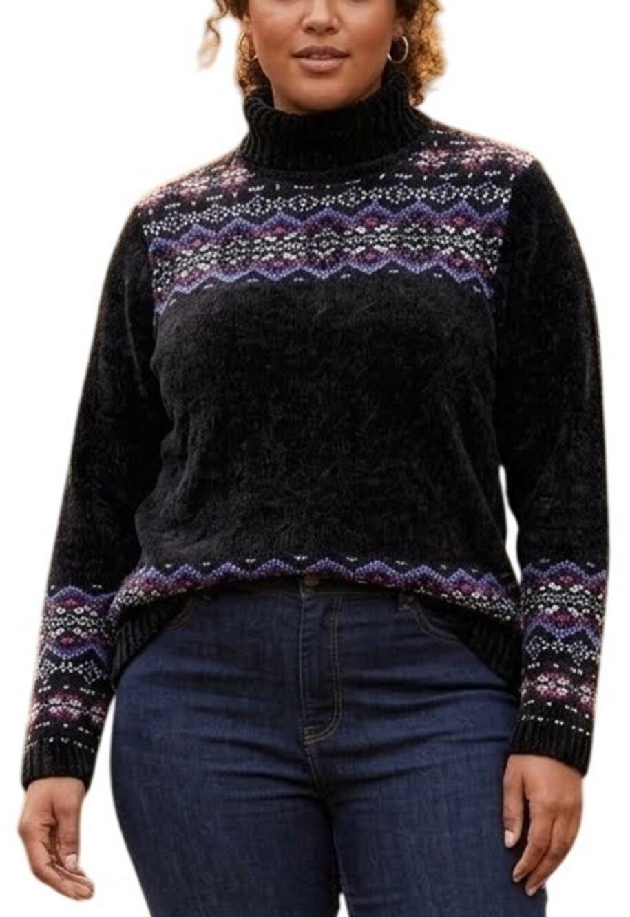 VTG DESIGNERS STUDIO Fair Isle Cable Knit Chenille Turtleneck Sweater SZ L